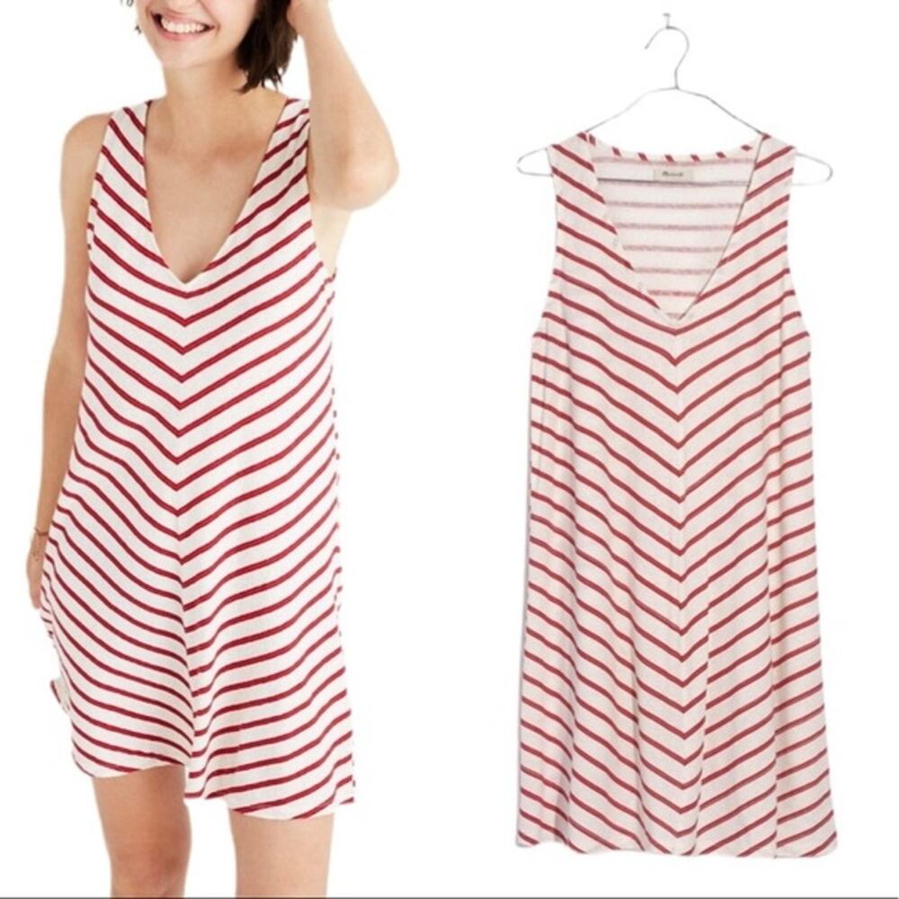 Madewell Red & Cream Striped V Neck Dress - Size Large